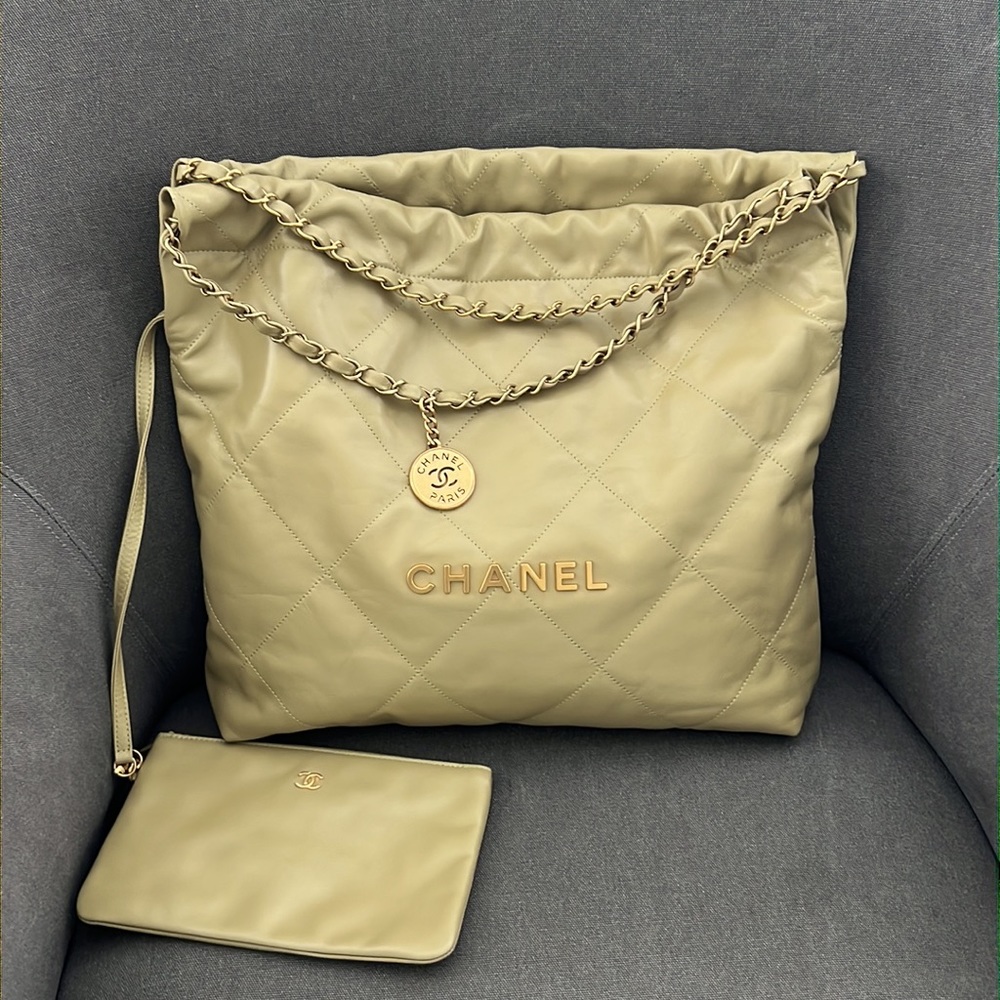 CHANEL 22 Quilted Tote in Olive Green with Gold Hardware
